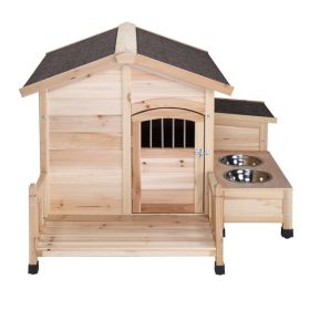 HOBBYZOO Wooden outdoor dog house Pet House shelter Cabin style; Asphalt roof waterproof; With porch; Feeding bowl; Storage box; natural