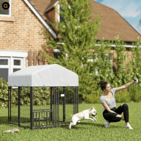 Welded Wire Outdoor Dog Kennel With 360 Rotating & 4 Levels Adjustable Bowls, Waterproof Cover (Option: Silver small)