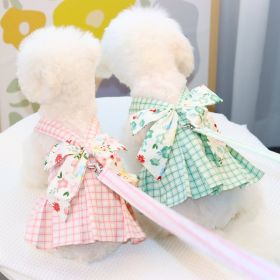 Pet clothes Dog chest back traction rope Teddy cat clothes Pet clothes Plaid plaid chest back skirt (Color: Green, size: S)